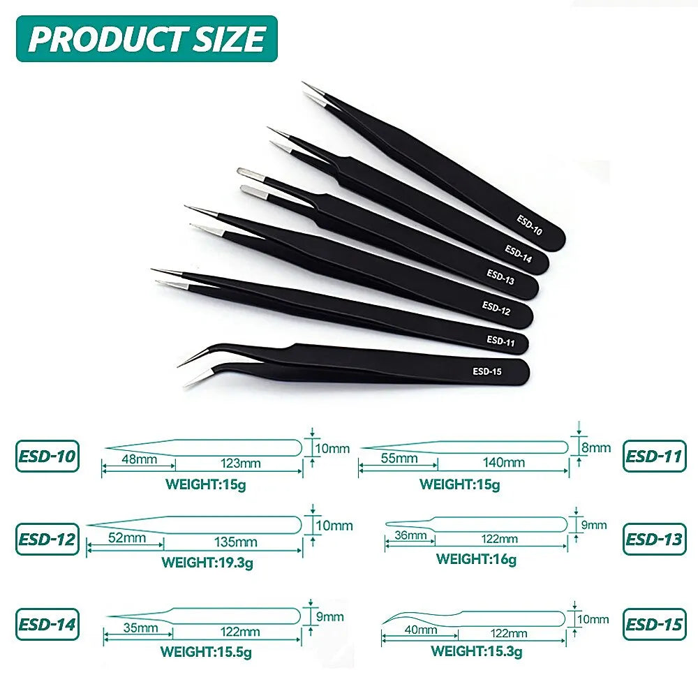 Set of 6 ESD Anti-Static Stainless Steel Tweezers